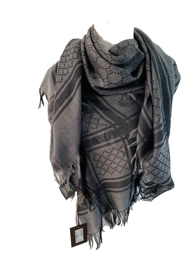 Gucci Womens GG Guccissima Black and Grey Survive Silk Scarf Shawl Wrap 544615