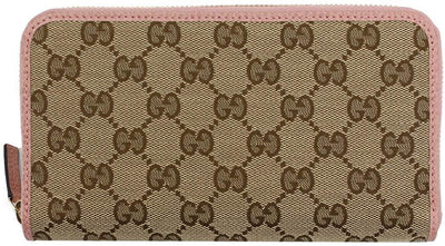 Gucci Womens GG Original Beige Logo Canvas Soft Pink Leather Trim Wallet 363423