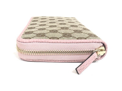 Gucci Womens GG Original Beige Logo Canvas Soft Pink Leather Trim Wallet 363423