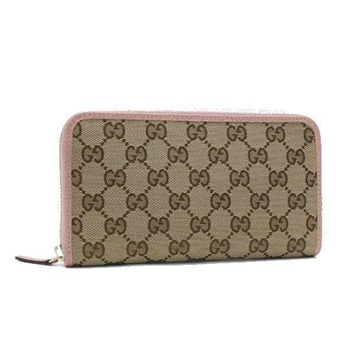 Gucci Womens GG Original Beige Logo Canvas Soft Pink Leather Trim Wallet 363423