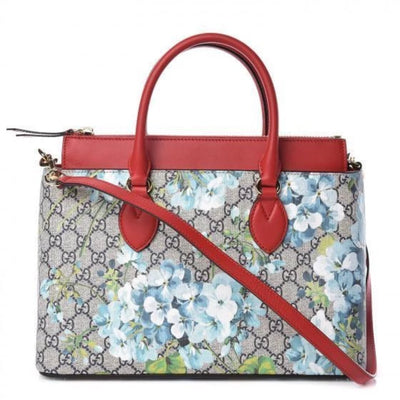 Gucci Womens GG Supreme Canvas Red Leather Blooms Blue Floral Satchel 546316