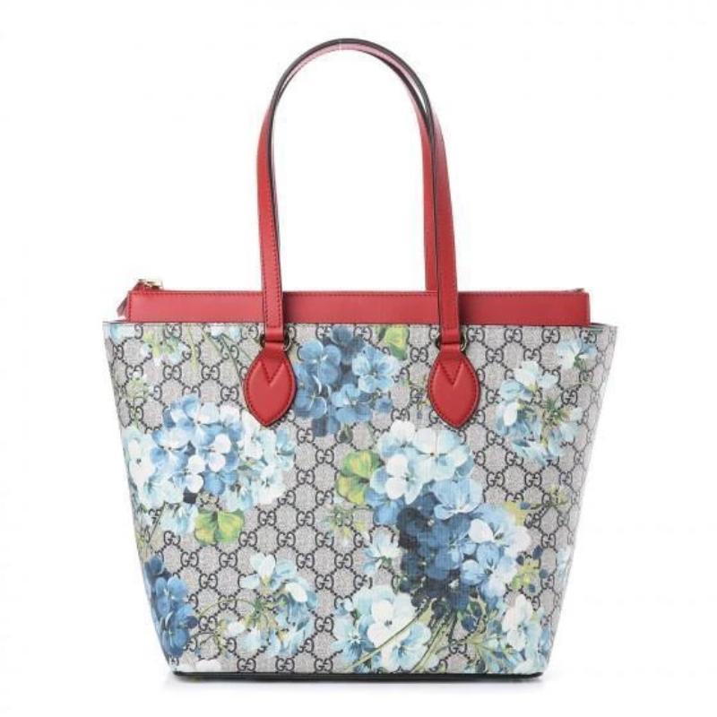 Gucci Womens GG Supreme Canvas Red Leather Blooms Blue Floral Tote 546315