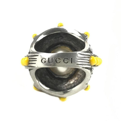 Gucci Womens Metal Center Glass Pearl With Spikes and Yellow Beads Ring 425194