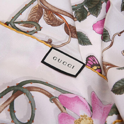 Gucci Womens Silk Ivory and Yellow Trim Flowerwebby Garden Square Scarf 494604