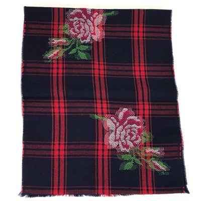 Gucci Womens Tartan Roses Midnight Blue and Red Plaid Wool Scarf 481896