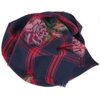 Gucci Womens Tartan Roses Midnight Blue and Red Plaid Wool Scarf 481896