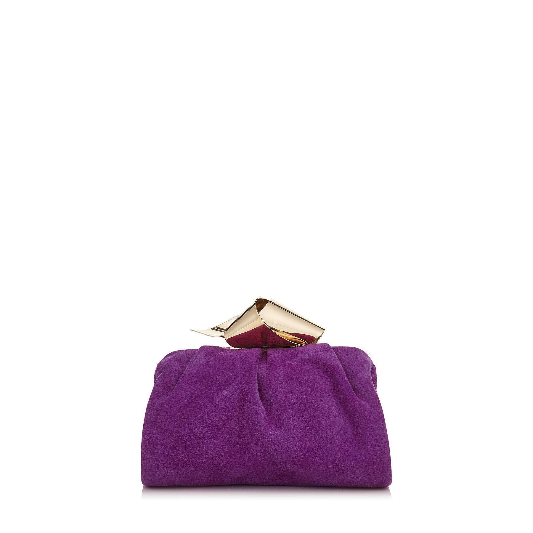 Jimmy Choo Cara Madeline Purple Suede Bow Knot Clasp Clutch Evening Bag SUE163