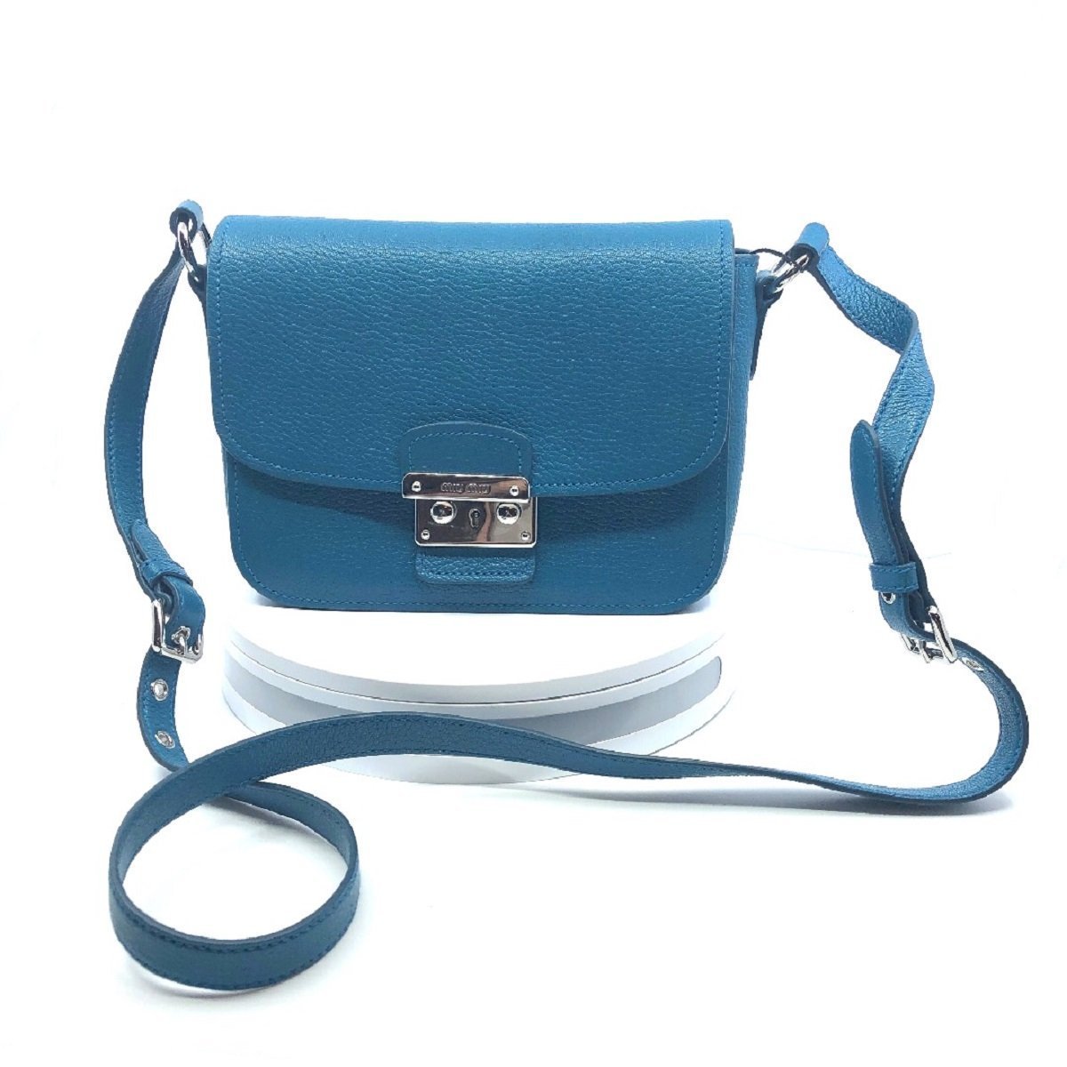 Miu Miu Bandoliera Blue Leather Cross Body Handbag with Silver Hardware 5BH638