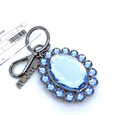 Miu Miu Trick Metallo Oval Crystal Blue Plex Charm Key Chain Key Ring 5TM092