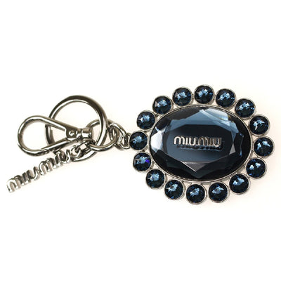 Miu Miu Trick Metallo Oval Crystal Dark Blue Plex Charm Key Chain Key Ring 5TM092