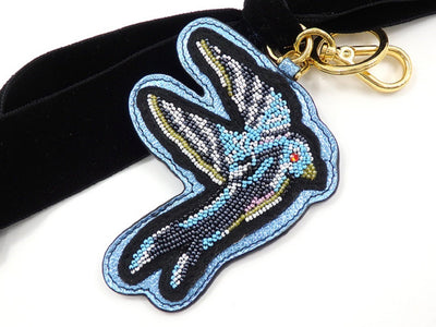 Miu Miu Trick Plex Blason Keyring Leather Beaded Blue Bird Black Velvet Bow 5TL217