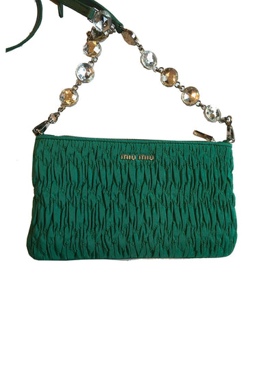 Miu Miu Women's Small Green Faille Crystal Adjustable Strap Crossbody Bag RT0637