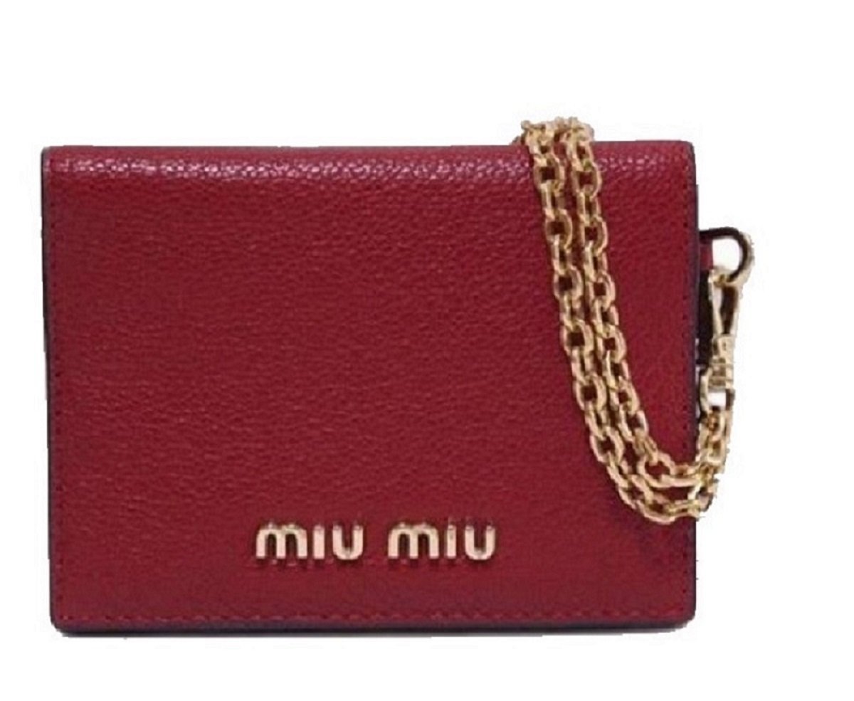 Mui Mui Fuoco Red Leather Credit Card Holder Wallet with Madras Chain 5MC320