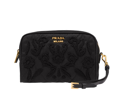 Prada Black Contentore Maniglia Cosmetic Pouch Tessuto Impunto Embroidered Nylon Clutch Wristlet 1NE021