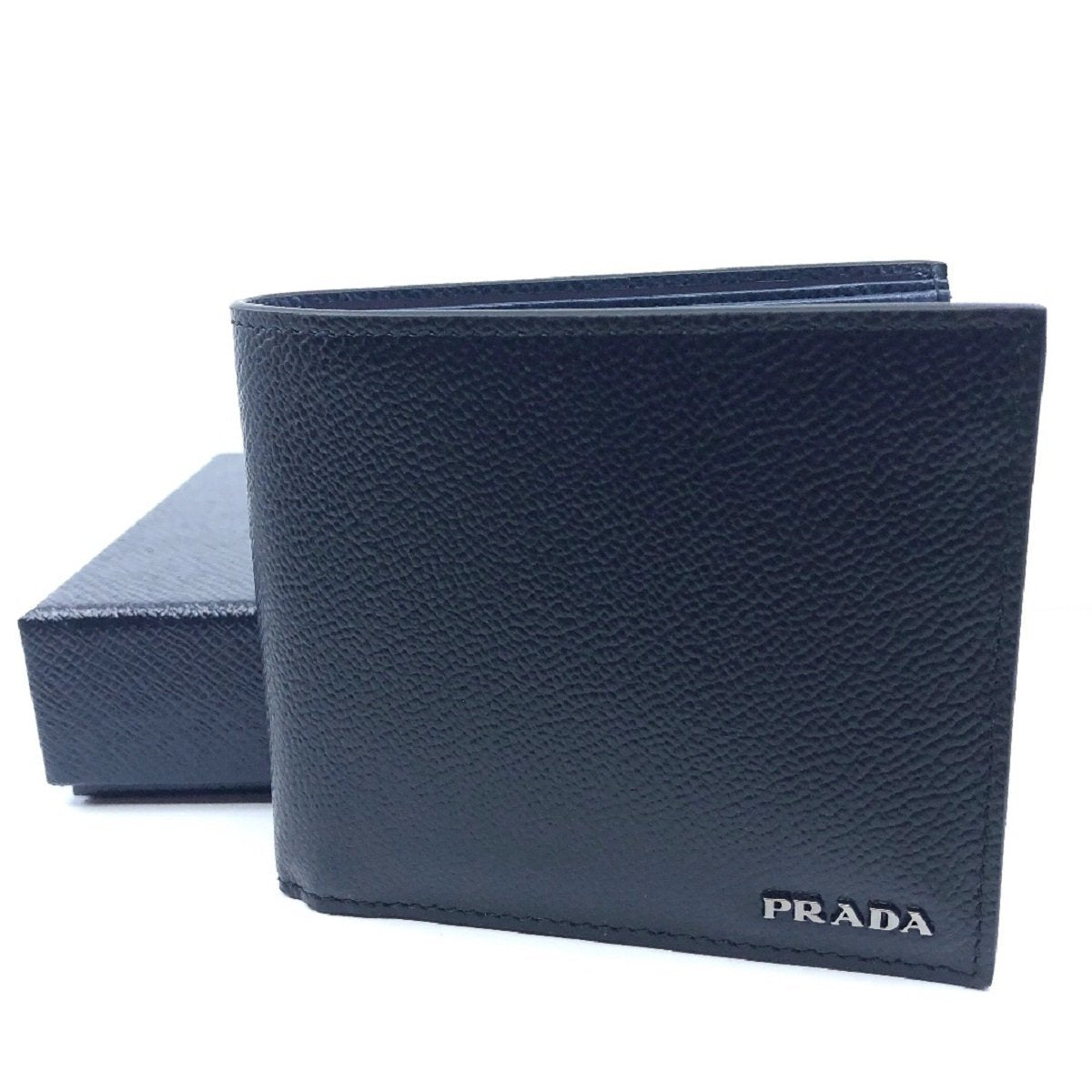 Prada Men's Black Baltico Blue Vitello Micro Grain Leather Bifold Wallet 2MO513