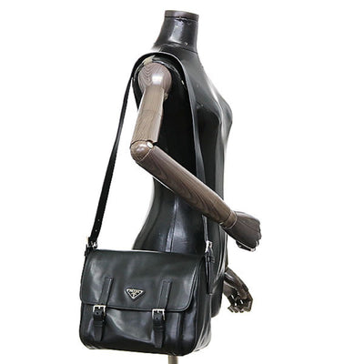 Prada Black Soft Calf Leather Pattina Shoulder Bag Satchel Silver Hardware BT953L