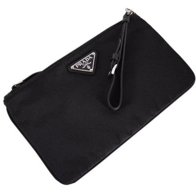 Prada Black Tessuto Nylon Pouch Case Clutch w Silver Prada Logo 1NH545