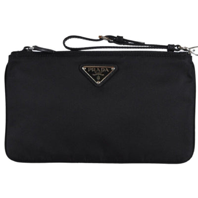 Prada Black Tessuto Nylon Pouch Case Clutch w Silver Prada Logo 1NH545