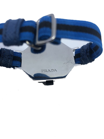 Prada Braciali in Tesuto Blue Jeweled Elastic Bracelet Blue Leather Trim 1IB179