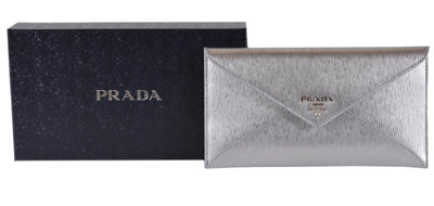 Prada Busta Con Pattina Cromo Silver Vitello Move Leather Envelope Wallet 1MF175