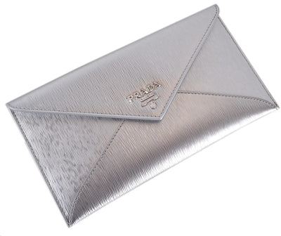 Prada Busta Con Pattina Cromo Silver Vitello Move Leather Envelope Wallet 1MF175