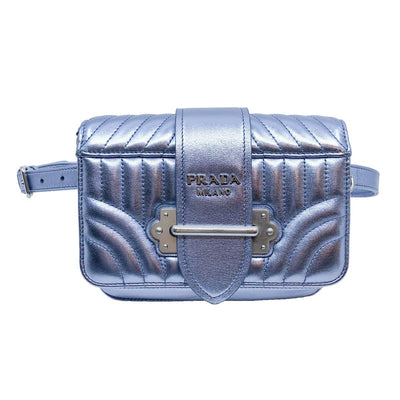 Prada Cahier Leather Belt Bag Fanny Pack Bag Crossbody Metallic Silver 1BL004