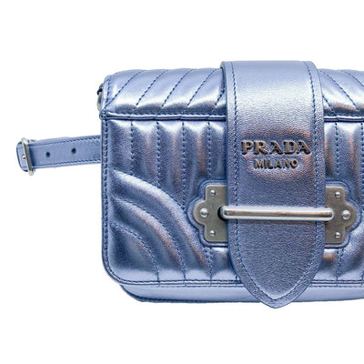 Prada Cahier Leather Belt Bag Fanny Pack Bag Crossbody Metallic Silver 1BL004