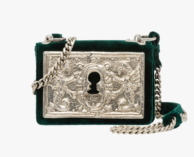 Prada Cahier Lock Velvet Crossbody Bag Emeraldo Green Embossed Metal Chain 1BH018