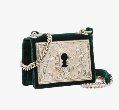 Prada Cahier Lock Velvet Crossbody Bag Emeraldo Green Embossed Metal Chain 1BH018