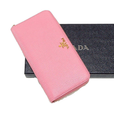 Prada Geranio Pink Leather Saffiano Vitello Move Gold Hardware Zip Wallet 1ML506