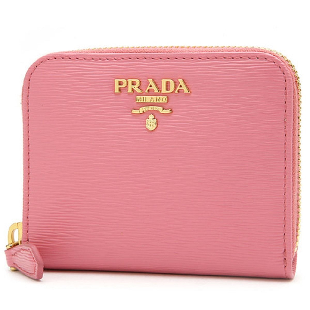 Prada Geranio Pink Saffiano Leather Gold Zip Coin Purse Wallet 1MM268