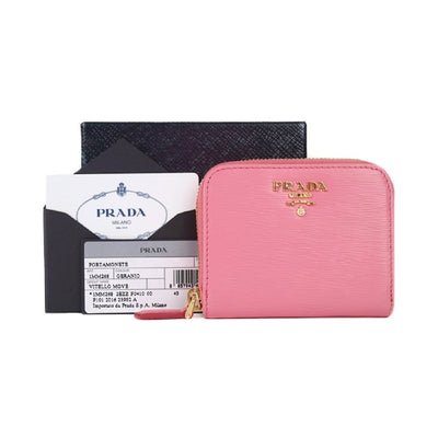 Prada Geranio Pink Saffiano Leather Gold Zip Coin Purse Wallet 1MM268