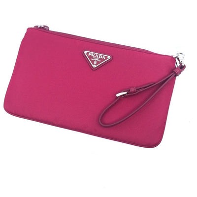 Prada Ibisco Pink Tessuto Nylon Logo Cosmetic Case Clutch Wristlet Bag 1NH545