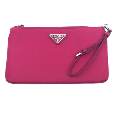 Prada Ibisco Pink Tessuto Nylon Logo Cosmetic Case Clutch Wristlet Bag 1NH545