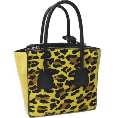 Prada Leopard Pattern Neon Yellow Suede and Pony Hair Cross body Bag 1BA025