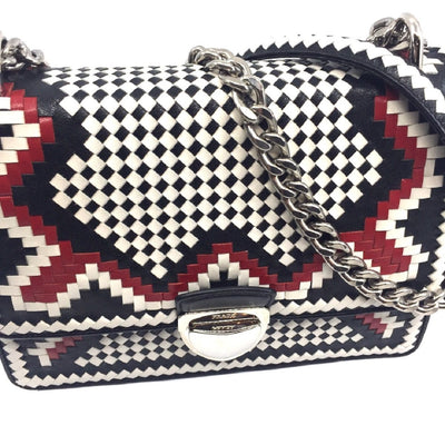 Prada Madras Bag Black White Red Leather Shoulder Bag Handbag 1BD038