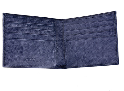 Prada Men's Bi Fold Orizzontale Saffiano Cuir Leather Baltico Navy Blue Wallet 2MO513