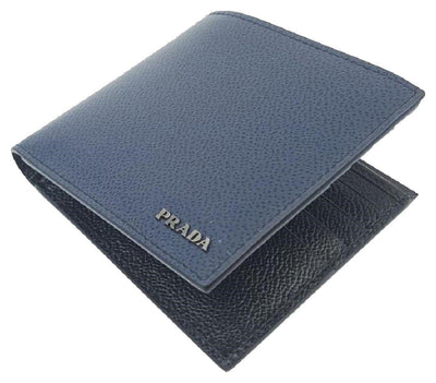 Prada Men's Black Baltico Blue Vitello Micro Grain Leather Bifold Wallet 2MO513