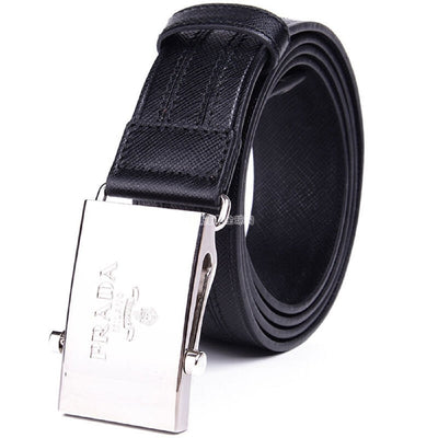 Prada Men's Logo Engraved Plaque Saffiano Leather Belt Black Nero 36 90 2CM009