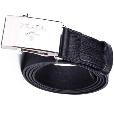 Prada Men's Logo Engraved Plaque Saffiano Leather Belt Black Nero 36 90 2CM009