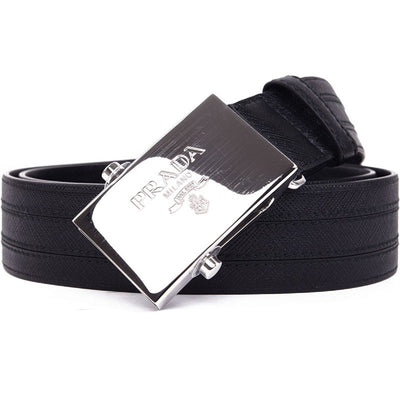 Prada Men's Logo Engraved Plaque Saffiano Leather Belt Black Nero 40 100 2CM009