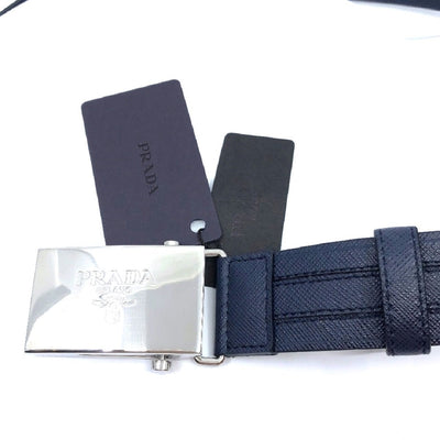 Prada Men's Logo Engraved Plaque Saffiano Leather Belt Blue 100/40 2CM009