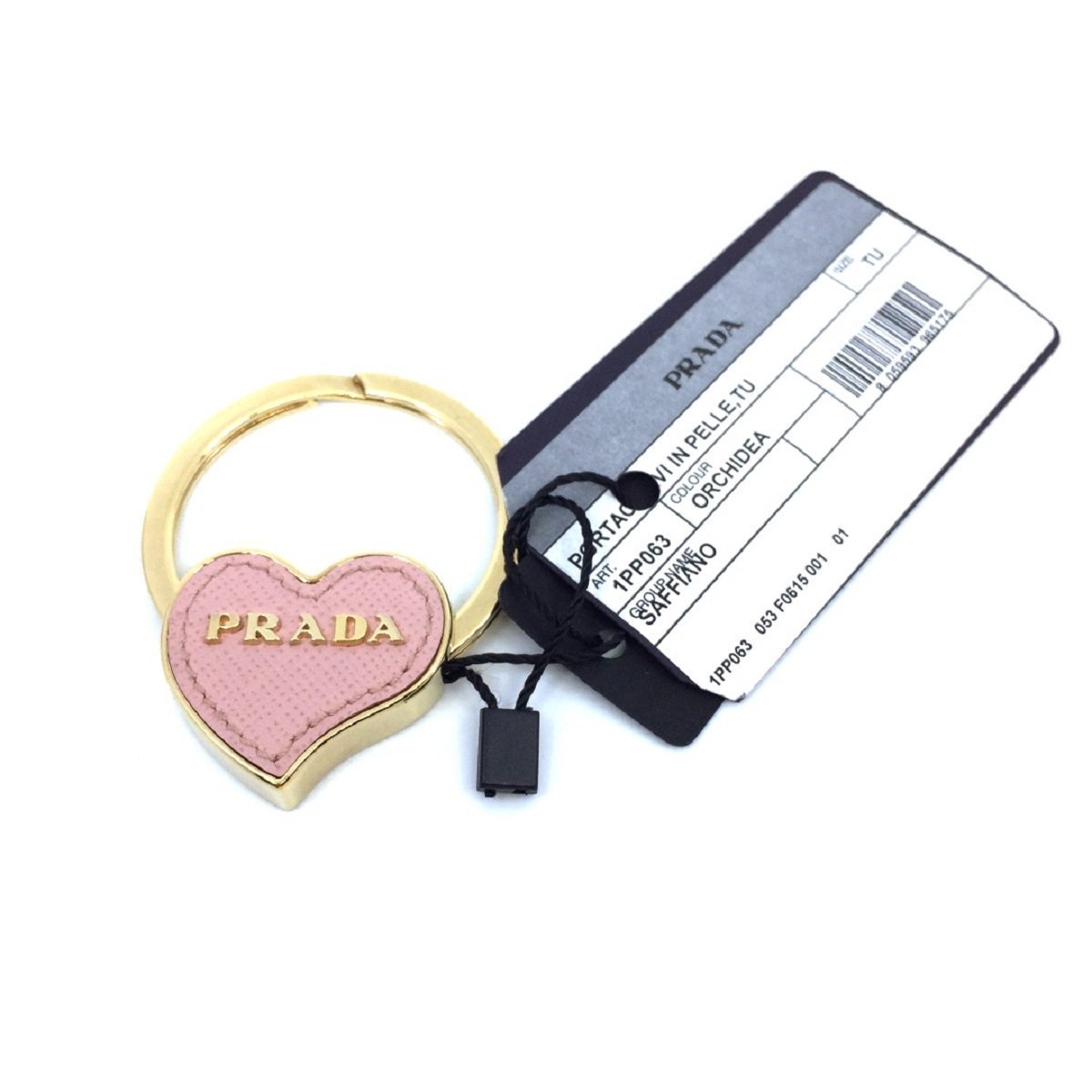 Prada Orchidea Pink Saffiano Leather Heart Gold Tone Metal Key Chain Bag Charm 1PP063