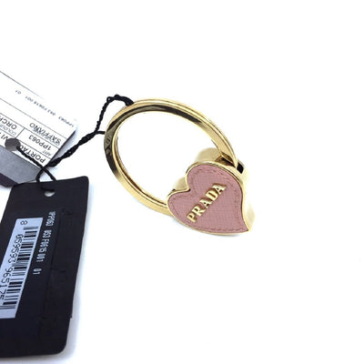 Prada Orchidea Pink Saffiano Leather Heart Gold Tone Metal Key Chain Bag Charm 1PP063