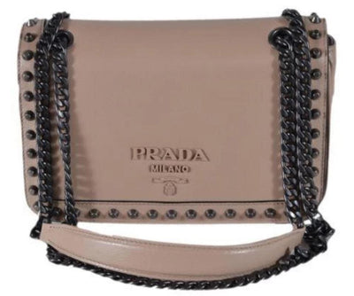 Prada Pattina Glace Calf Leather Cammeo Beige Pattina Studded Bag 1BD147