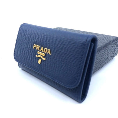 Prada Portachiavi Ganci Bluette Blue Vitello Move 6 Hook Key Holder Wallet 1PG222