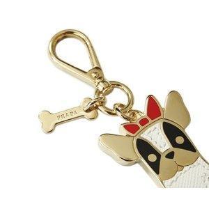 Prada Portachiavi Saffiano Black and White Dog French Bulldog Red Bow Gold Keychain 1PP070