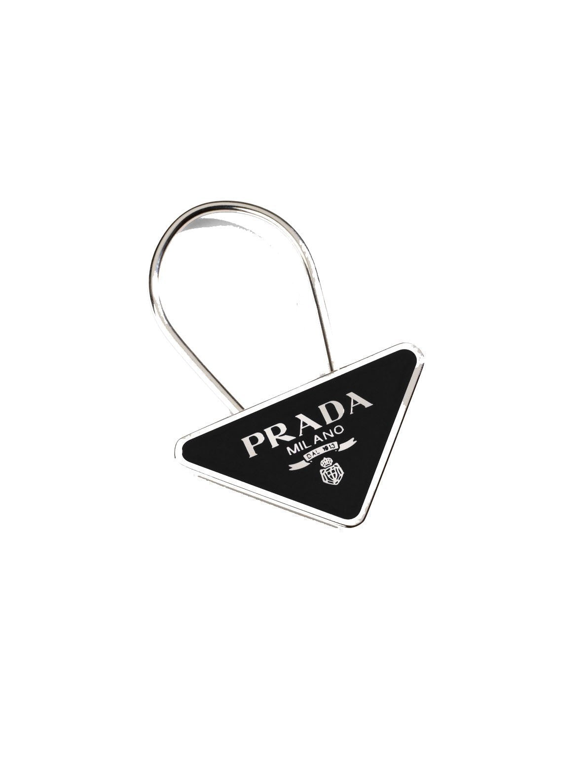 Prada Portachiavi Smalto Black Enameled Metal Triangle Logo Keychain Ring 2PS395