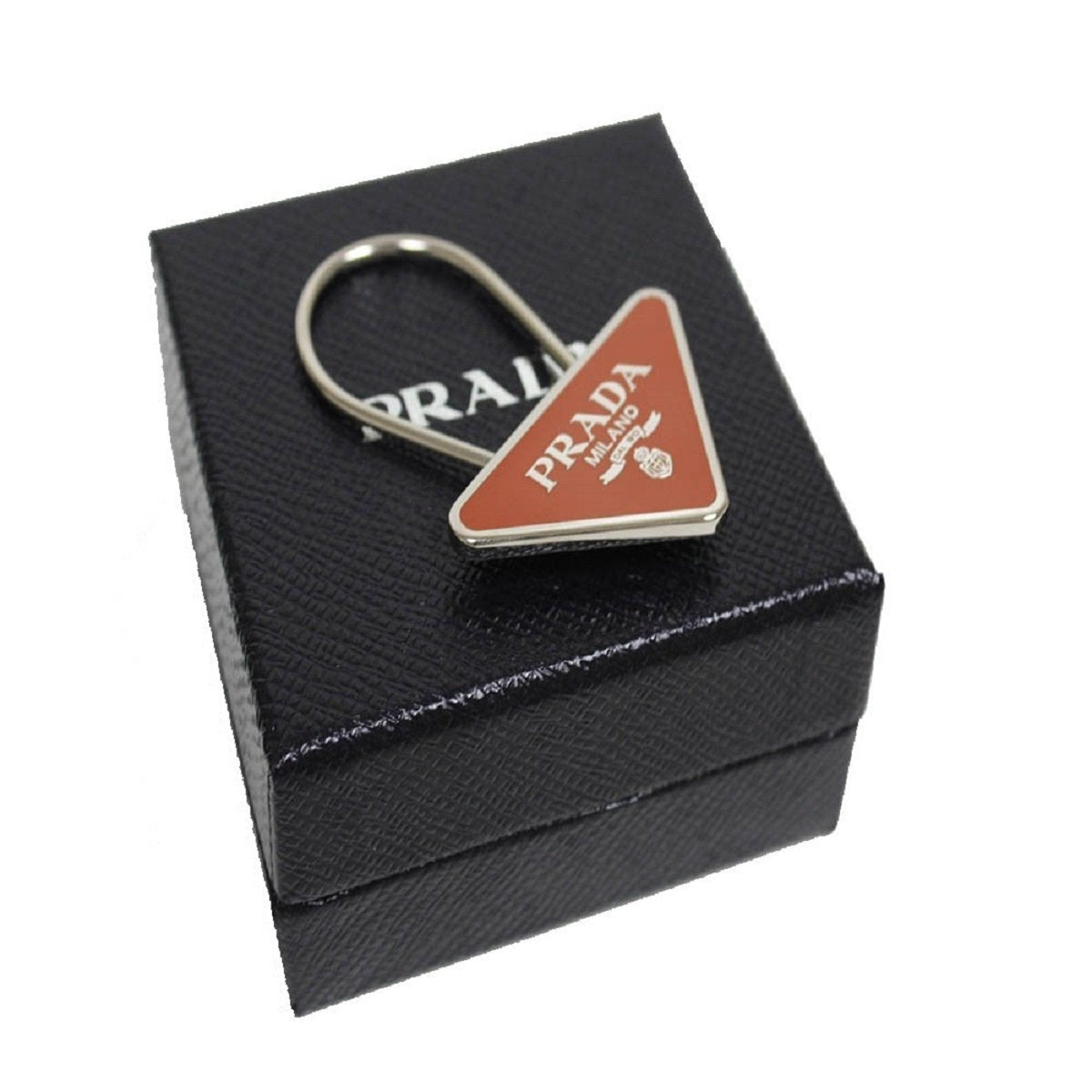 Prada Portachiavi Smalto Papaya Enameled Metal Triangle Logo Keychain 2PS395