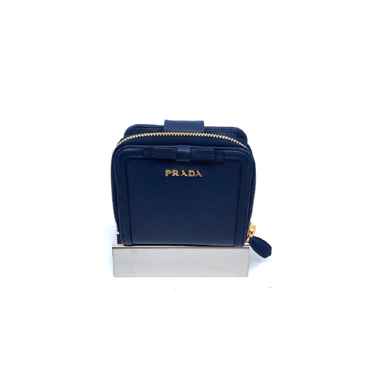 Prada Portafoglio Lampo Navy Blue Vitello Move Zip Flap Bow Wallet 1ML522